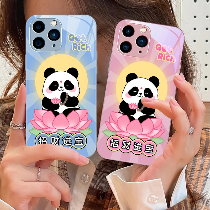 นั่งLotus PandaสําหรับIPhone 16 Pro Max 15 Pro 14 13 12 Mini 11 XS Max XR 7 8 Plu SE 2022 กระจกนิรภัยเคสโทรศัพท์