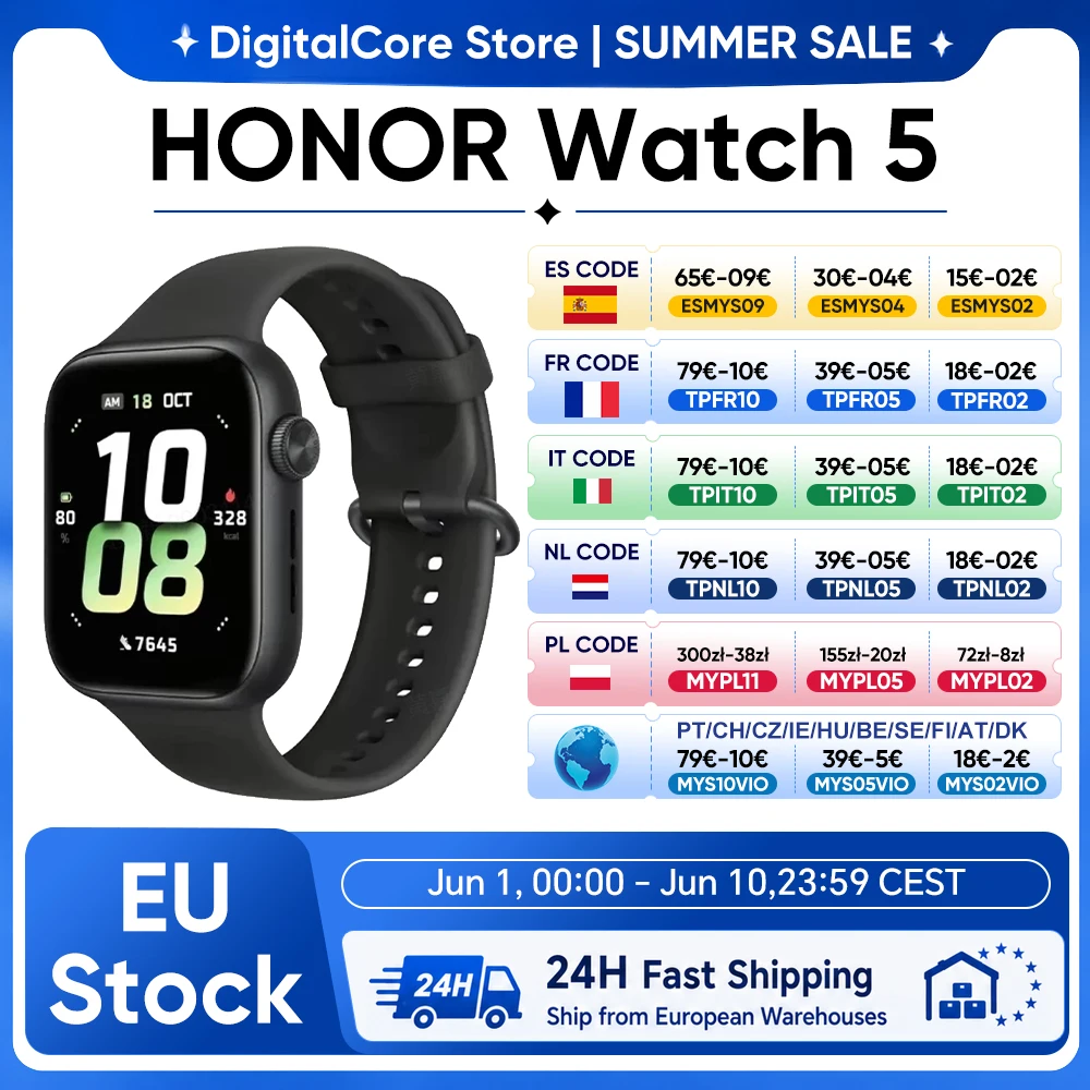 Honor Watch 5 Écran AMOLED plus grand de 1,85 pouce 60 Hz Autonomie de 15 jours 5ATM IP68 Suivi GPS précis BT5.2 Analyse de la santé