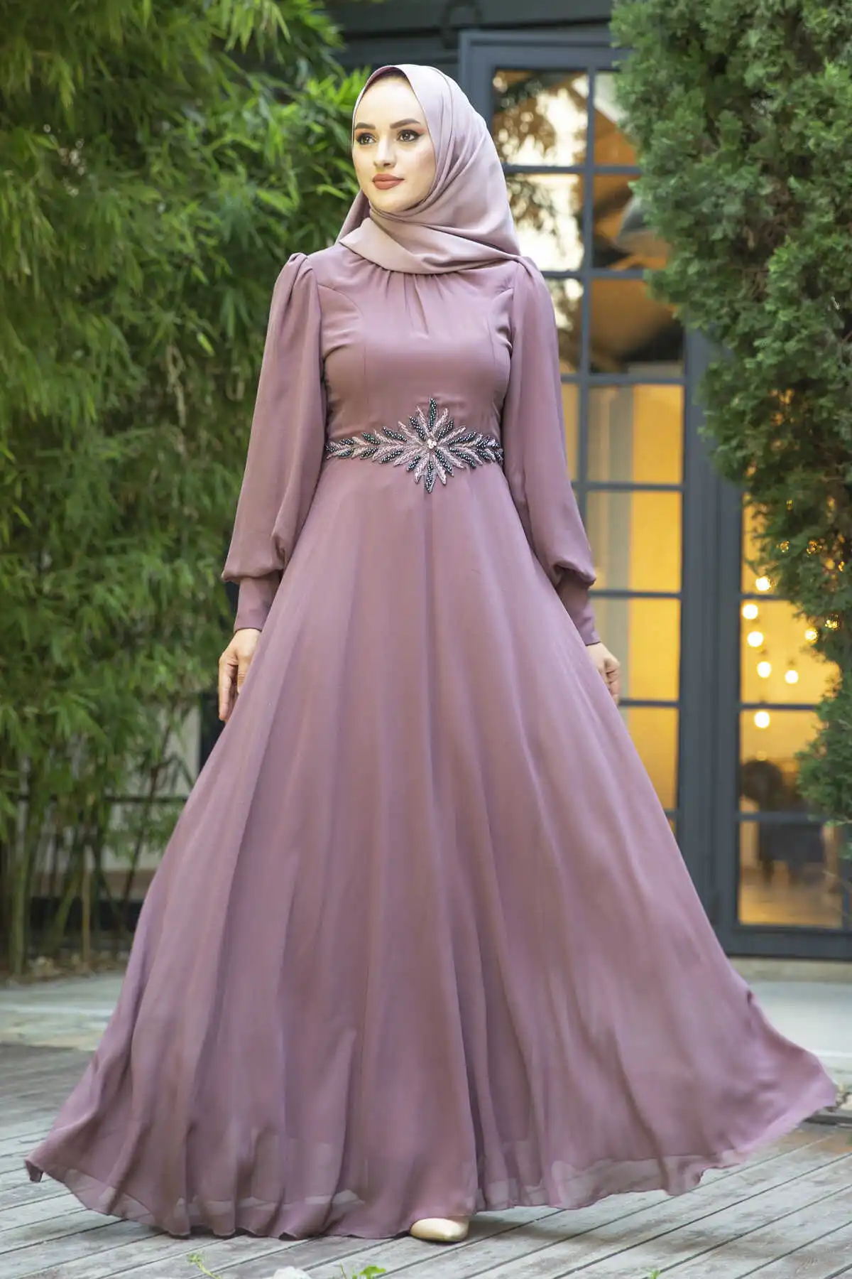 Beli Beads Embroidered Evening Dress Dirty Pink Winter Autumn 2021 Muslim Women Hijab headscarf Islamic Turkey