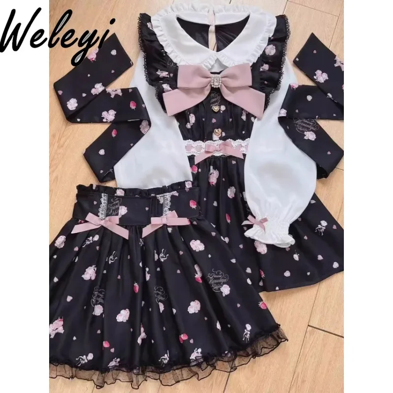 

Lolita Bow Strawberry Printed Skirts Set Japanese Spring and Summer Sweet Mass Produced Mine Chiffon Peter Pan Collar Skirt Suit