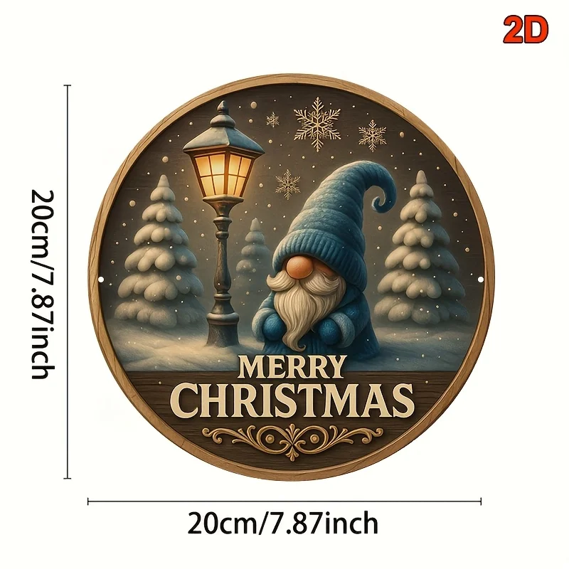 2D Flat, 1pc Round 8x8 Inch French-Style Aluminum Decorative Plaque - Vintage Christmas Gnome with Snowy Street Lamp & Pine Tree
