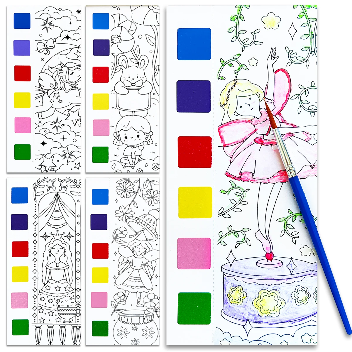 5 - Set Kids Watercolor Picture Book: Flower Fairy, Forest, Space, Mermaid Themes - 12 Pages Each, Fun Painting Kit for Children
