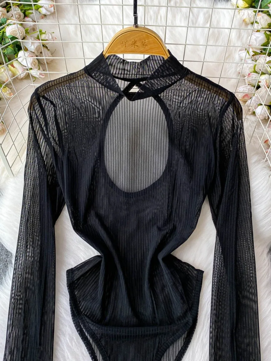 Foamlina holle opstaande kraag lange mouw jumpsuit dames zomer Amerikaanse niche sexy slanke hoge split mesh bodysuits