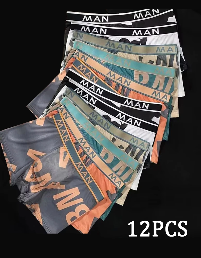 

12 шт. мужское нижнее белье для мальчиков, модные боксеры с буквенным принтом, удобные и дышащие мужские трусы, короткие большие размеры