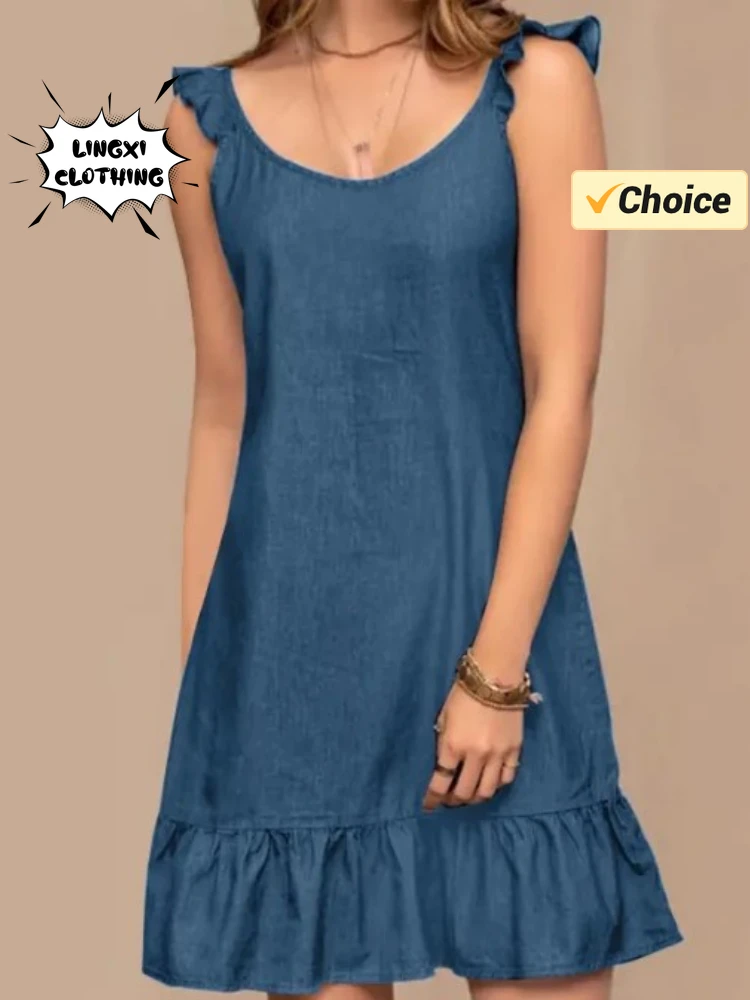 

Spring/Summer New Women's Dress Mid Length Solid Color Casual Loose Fashion Denim Sleeveless Ruffle Edge Sling Sexy Dress