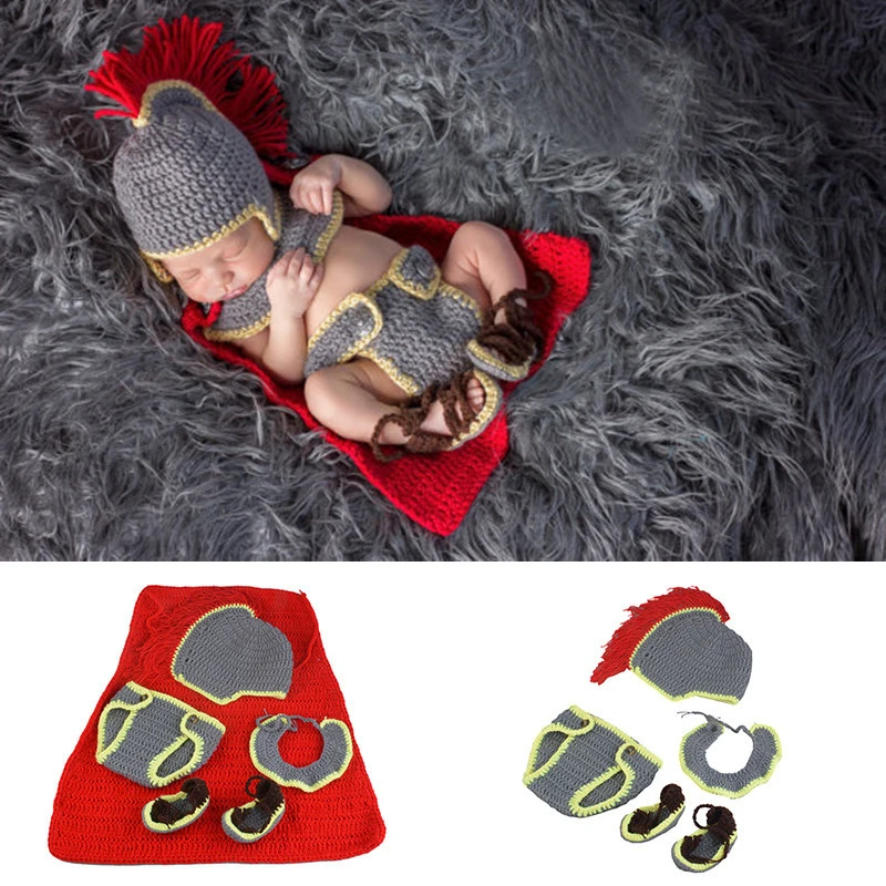 Handmade Crochet Newborn Baby Boys Photography Clothing Medieval Warrior Knight Costume Design 0-3 Months