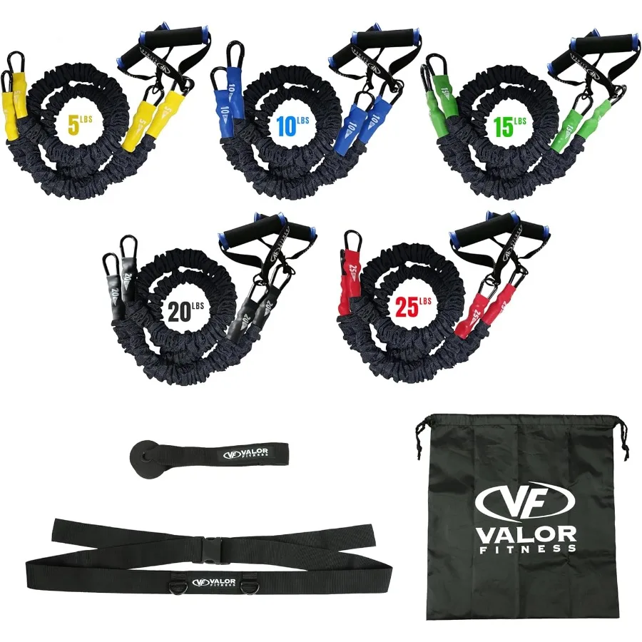 

Valor Fitness Resistance Bands 5lb to 25lbs Carabiners Attached 2 Bands per Weight Option with Handles Sheath Covered Strength