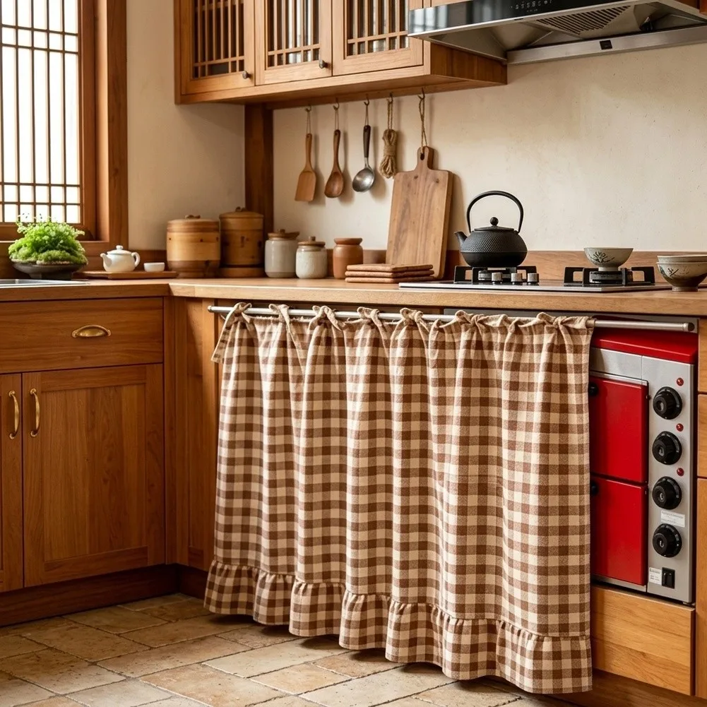 Farmhouse Gingham Cabinet Curtain For Under Sink Storage, Ruffled Sink Skirt For Bathroom Vanity Or Kitchen Island=, 78x55cm