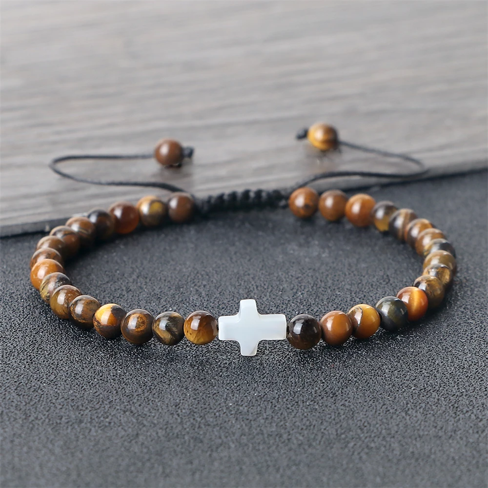 Men 4mm Natural Stone Beaded Bracelet Adjustable Waxed Rope Bangle White Shell Cross Charm Energy Healing Jewelry Gift for Women