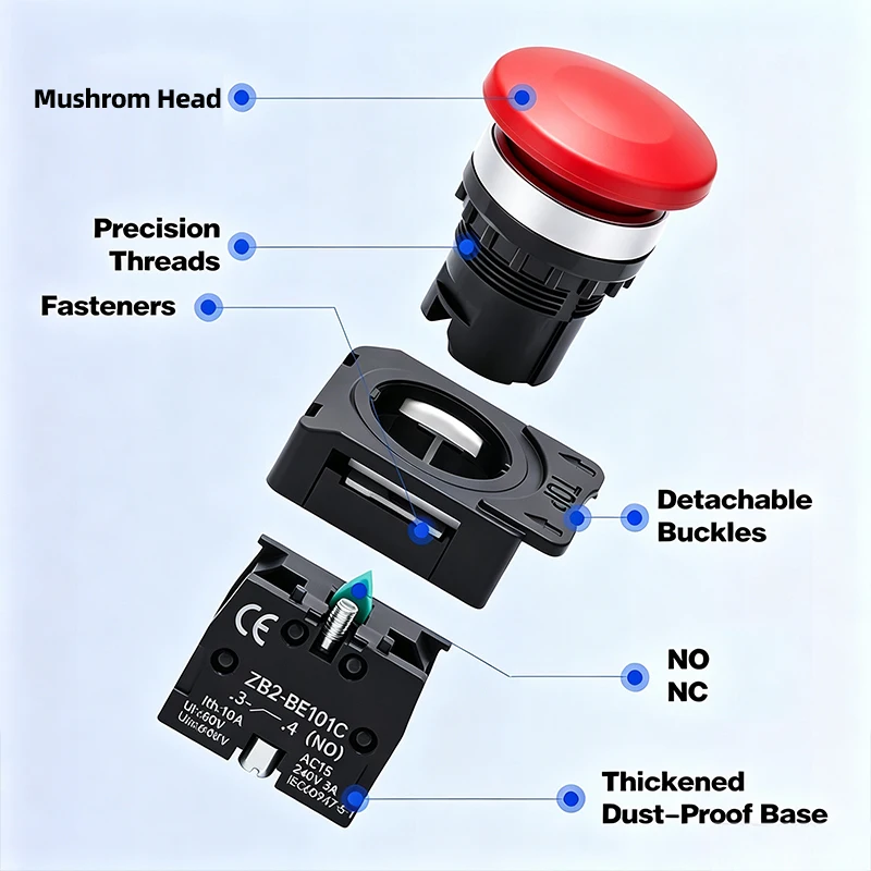 5pcs 22mm Mushroom Head Self-reset Momentary Push Button Switch 10A Silver Contact Industrial Control 1NO/1NC
