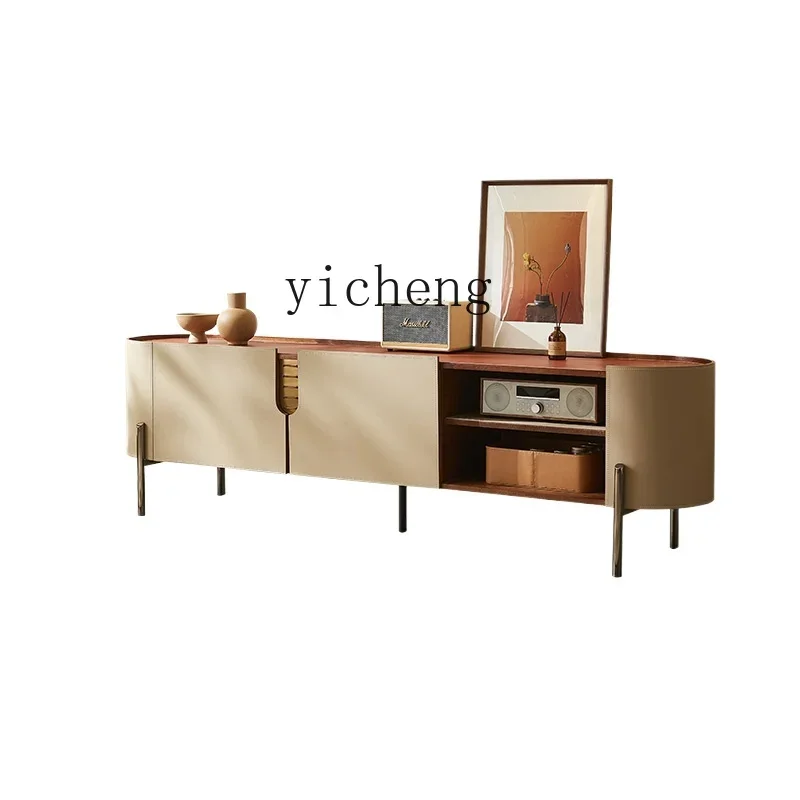 

TQH Italian minimalist saddle leather TV cabinet coffee table combination living room modern minimalist rounded corner locker