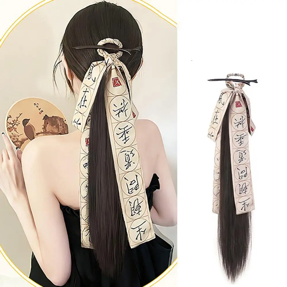 Chinese Style Hairpin Ribbon Ponytail Wig Women Simulated Ancient Hanfu Hair Extension