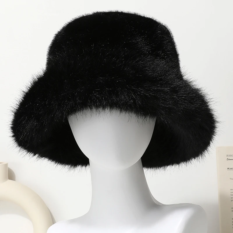 Big Faux Fur Bucket Hat for Women Thick Plush Warm Lovely Fluffy Winter Hat Lady Luxury Fashion Furry Panama Fisherman Cap