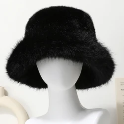 Big Faux Fur Bucket Hat for Women Thick Plush Warm Lovely Fluffy Winter Hat Lady Luxury Fashion Furry Panama Fisherman Cap