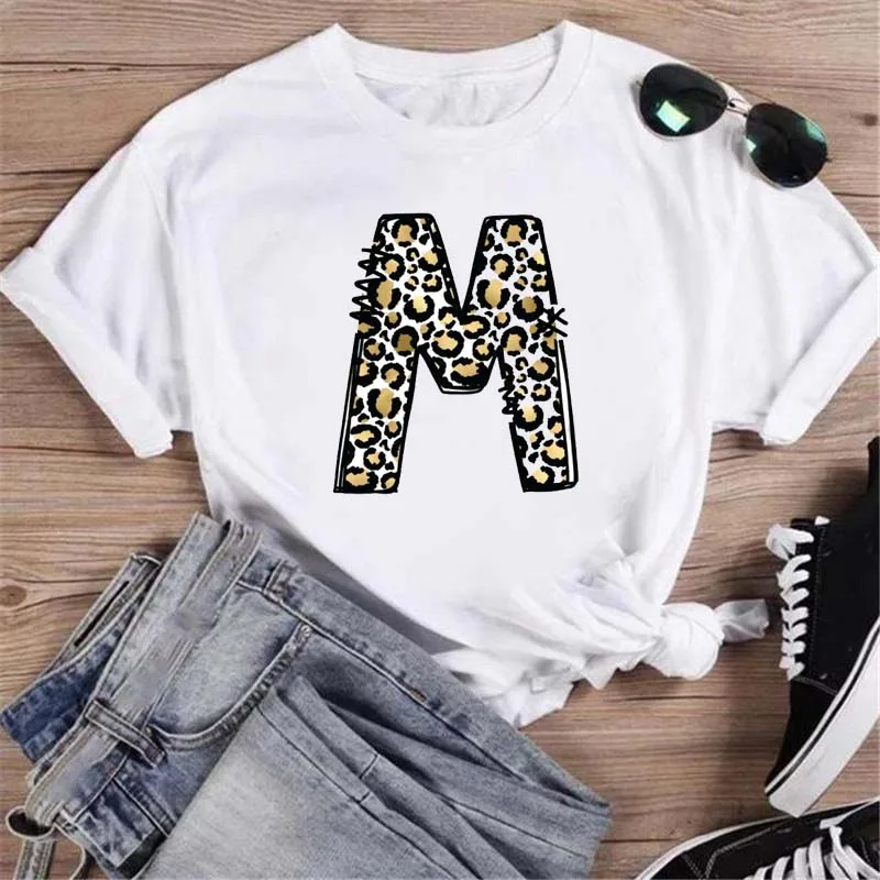 Leopard Print Font A B C D E F G Short Sleeve Clothes for Lady Women's T Shirt Custom Name Letter Combination Printing T-shirt