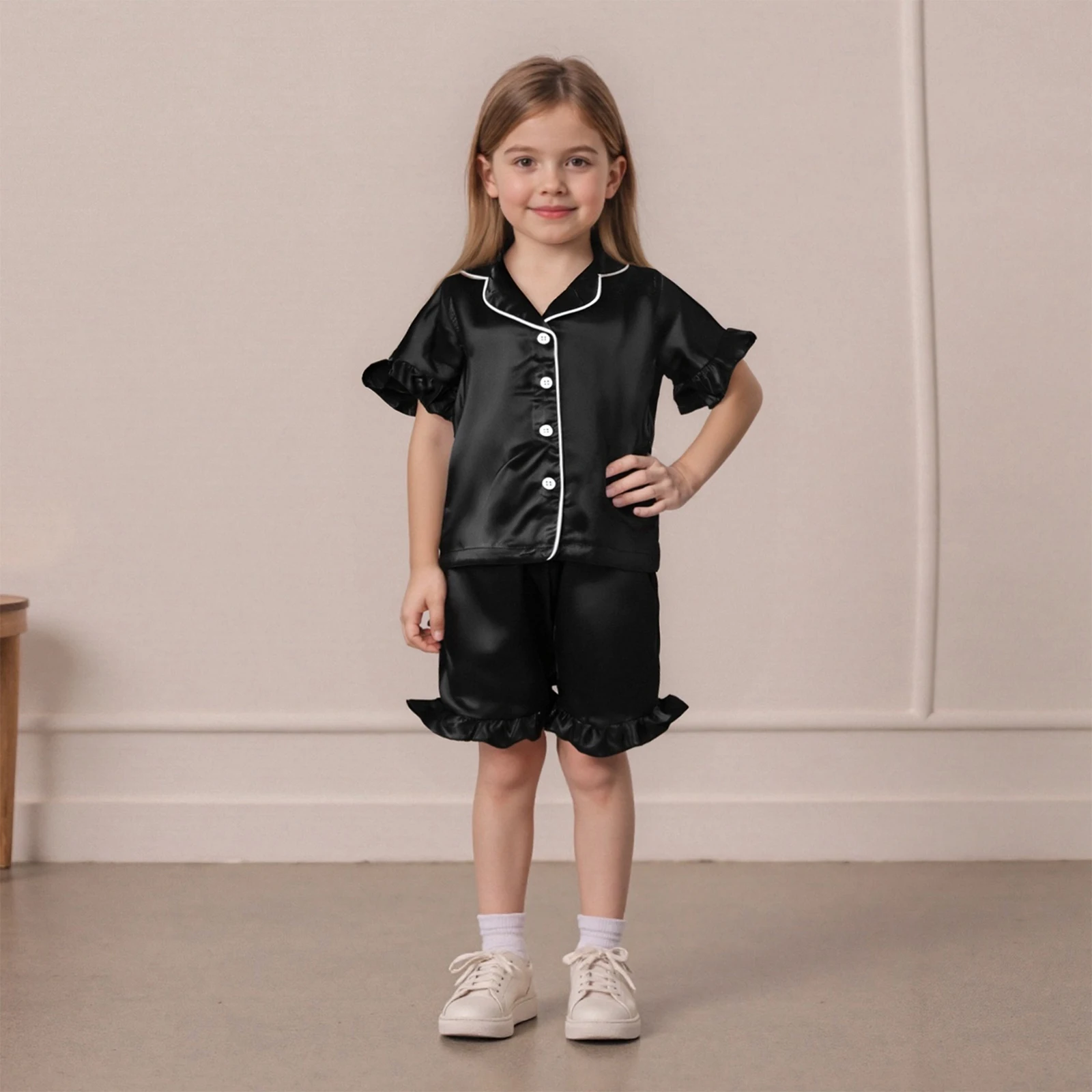 Toddler Girls Pajamas Sets Fashionable Ruffled Lapel V Neck Short Sleeve Tops with Solid Color Shorts 2Pcs Sleepwear
