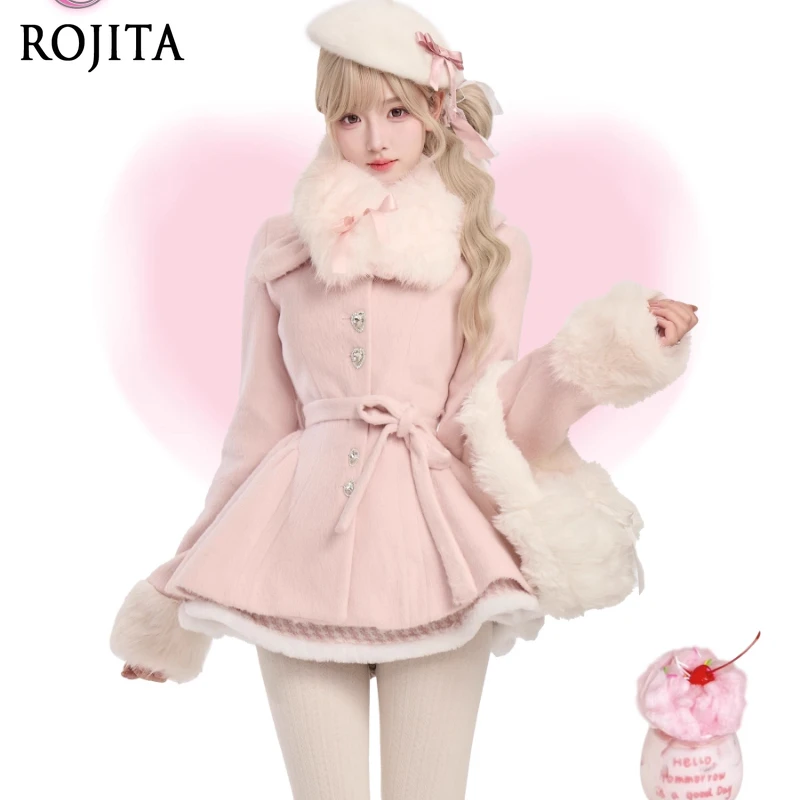 

Girl's Velvet Pink Woolen Coat Autumn Winter Long Sleeve Slim Knitted Short Top Pink Slim Women Lolita Clothing