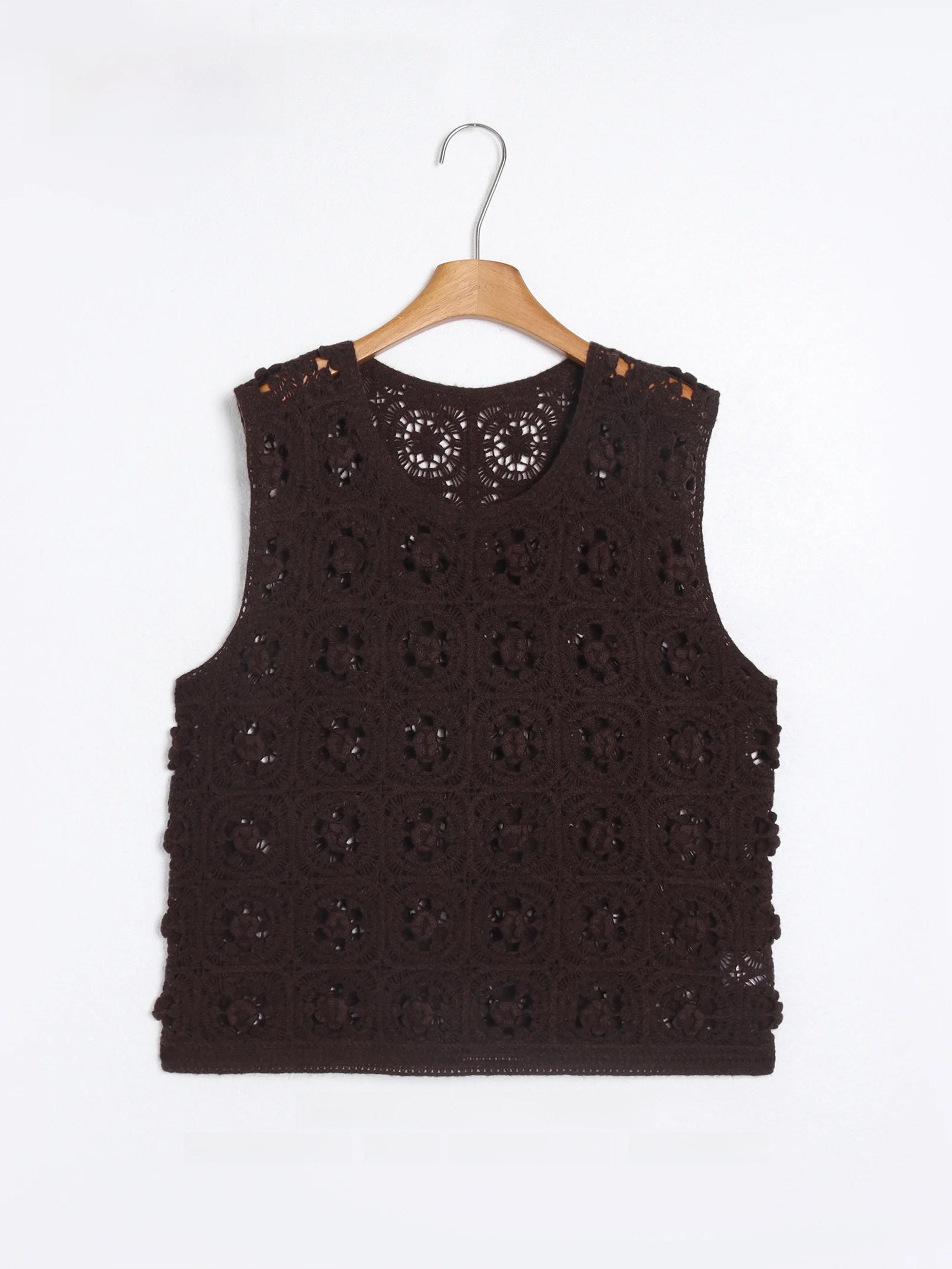 

GZQJ Brown adow Hook Tead Hollow out Knitted Vest Women's Faion Slimming Top Casual High-End Design Svel Tank Top