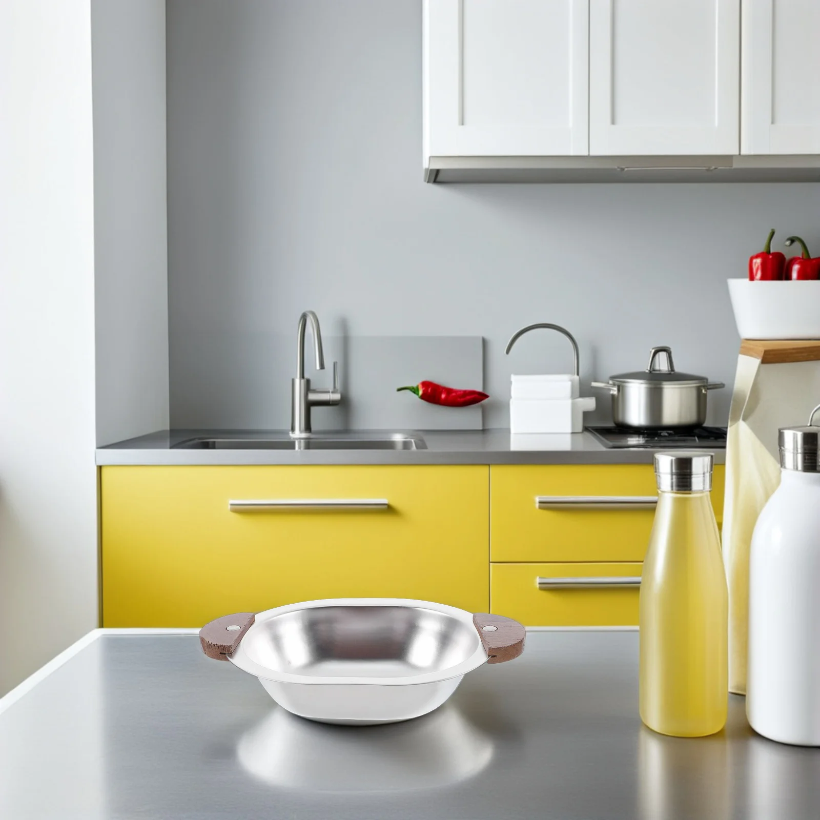 

Stainless Steel Fruit Salad Bowl with Wood Handle Korean Style Elegant Design Easy Grip Versatile Use for All Occasions