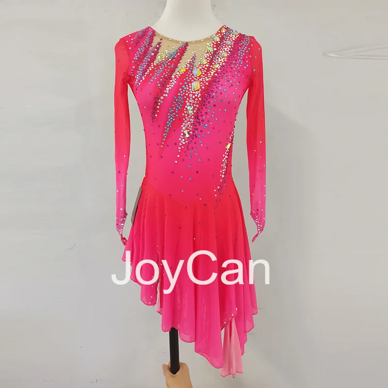 

JoyCan Ice Figure Skating Dress Girls Pink Spandex Stretchy Mesh Competition Dance Wear Customized