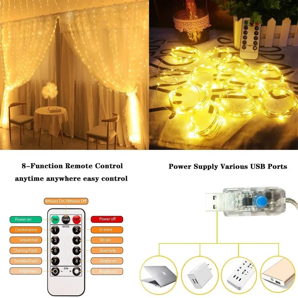 LED Curtain Garland Fairy String Lights Decoração de Natal Controle remoto USB Festa de casamento Decoração de férias para casa, quarto, 3m