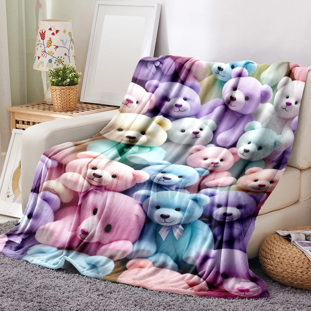 1PC Lovely pastel teddy bear print blanket-made of soft fluffy flannel, perfect for bed or sofa. Comfortable bedroom decor is al