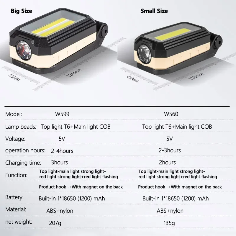 USB Rechargeable COB Work Light Portable LED Flashlight Adjustable Waterproof Camping Lantern Magnet Design with Power Display