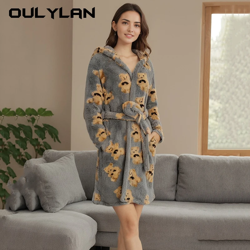 Loose Long Thick Bath Robe Hooded Winter Thick Women Bathrobe Flannel Terry Warm Comfortable Sleepwear for Female Dressing Gown