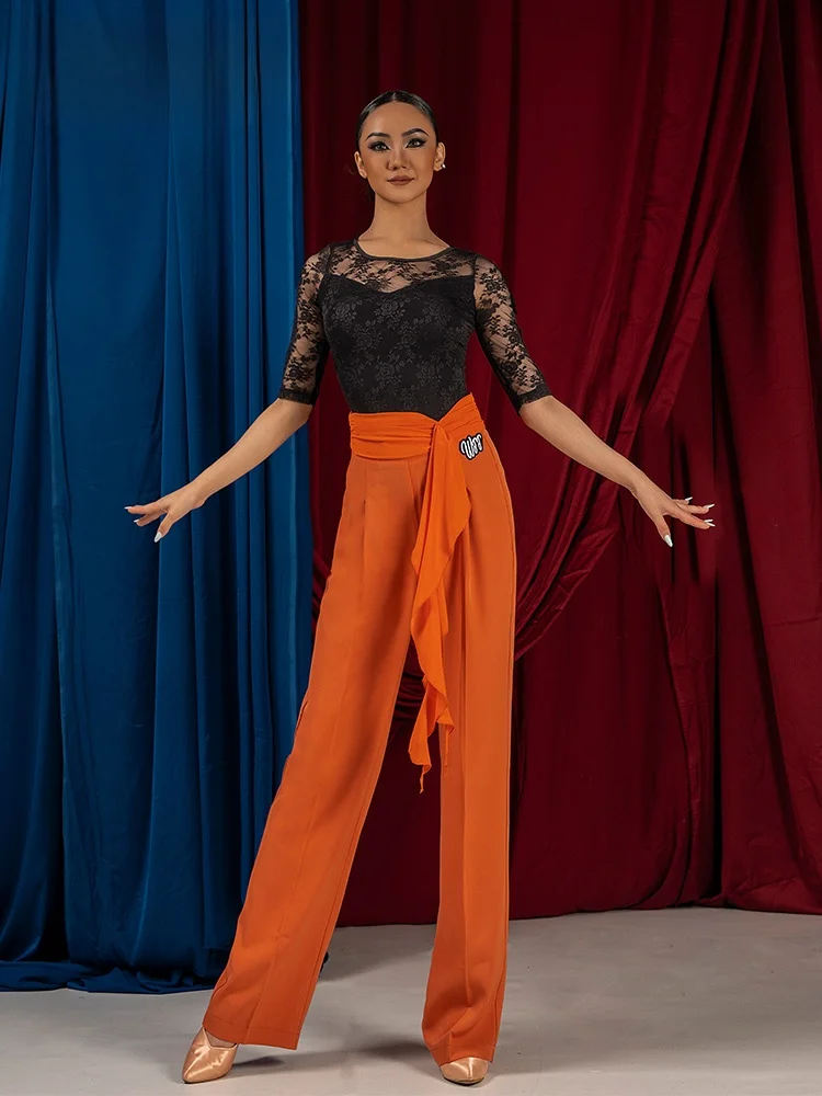 

WJJdance High Waist Gored Chiffon Skirted Pants for Women's Stand Dance Adjustable Dstring Modern Social Long Trousers