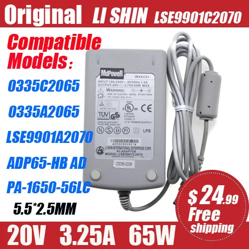 

Original LISHIN 20V 3.25A 65W 5.5*2.5mm AC adapter Power supply charger LSE9901C2070 0335C2065 0335A2065 ADP65-HBAB PA-1650-56LC
