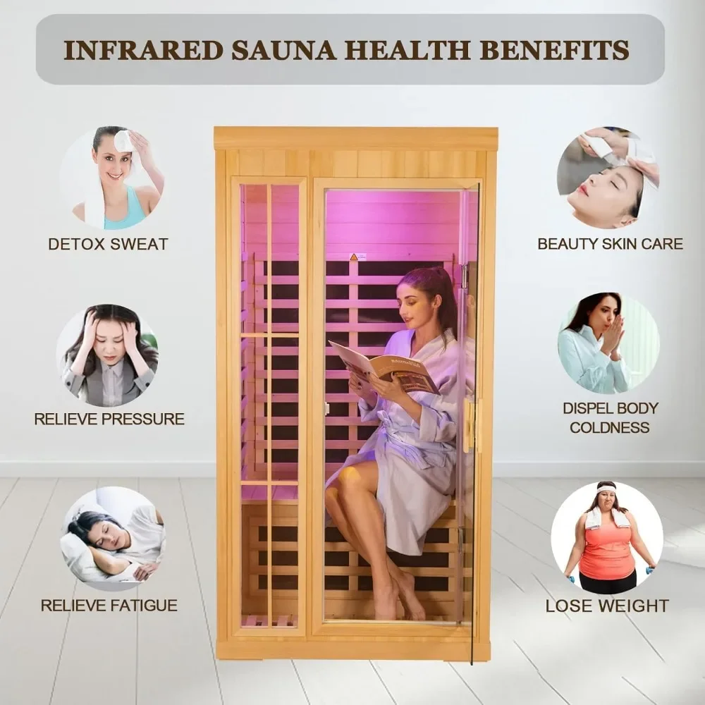 Sauna infrarroja para 1 a 2 personas, Saunas infrarrojos lejano EMF bajo de madera Hemlock para el hogar, caja de sala de sauna personal interior de 1350 vatios