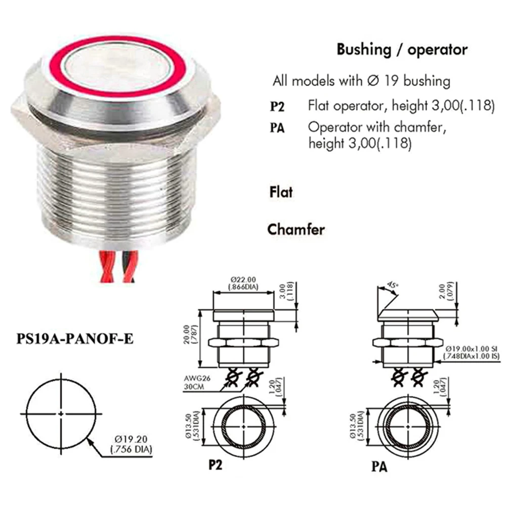 19mm Stainless Steel Housing 12V RGB Tri-color LED RING LIGHT 1NO Latching IP68 Waterproof Piezo Switch for Underwater Operation