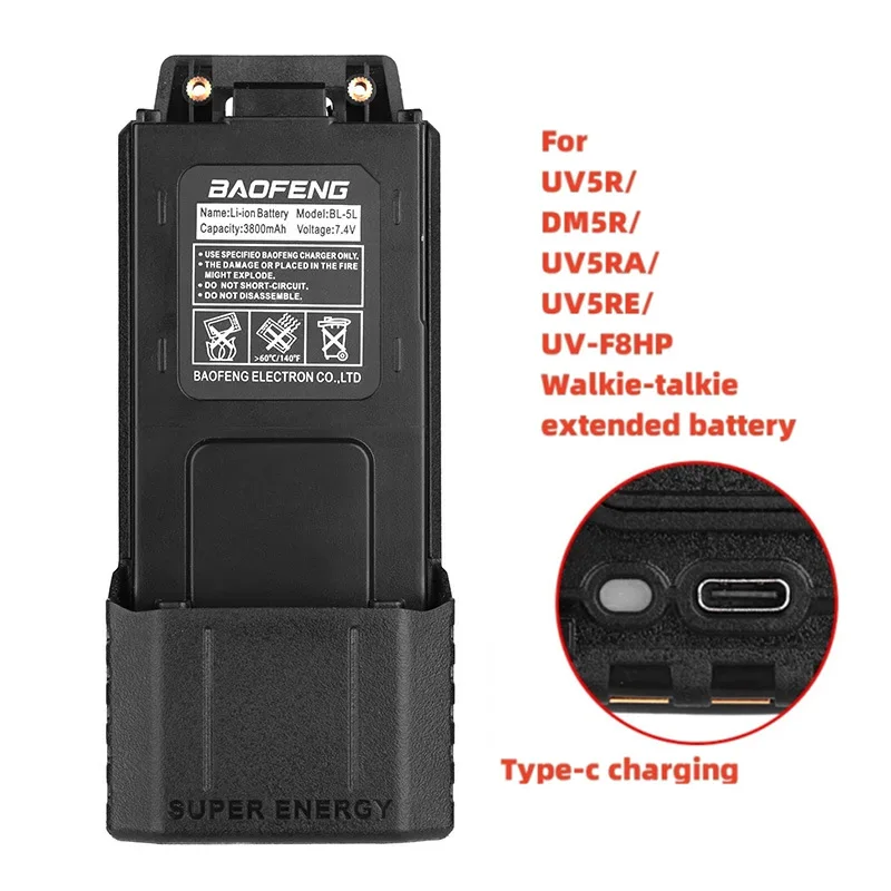 BAOFENG UV-5R Upgrad Battery Enlarge 3800mAh Support TypeC Charging Li-ion Battery BL-5 For UV5R UV5RT UV5RE F8HP F8+ 2Way Radio