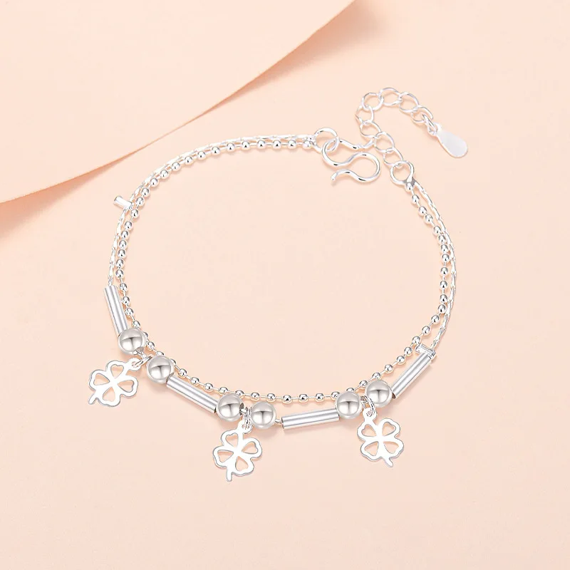 Sterling Silver Color Bracelets for WomenFour-leaf Clover and Bell Charm Hand Chain Link Orignal Fashion Jewelry With Stamp