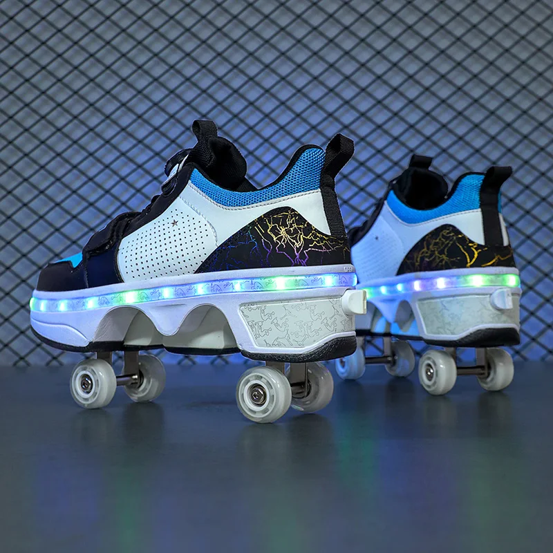 LED Flash Double-Row Four-Wheel Roller Skating Shoes Dual-Use Roller Shoes Men Women Casual Sneakers Sport Walking Running Shoes