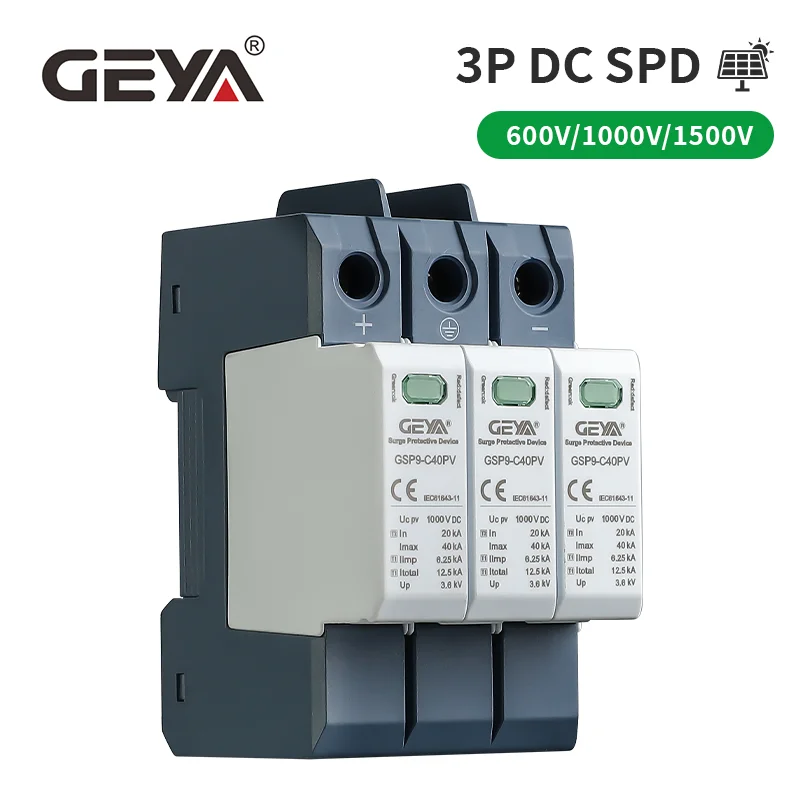 GEYA DC SPD Surge Protective Device 3P 1000V 1500V 40KA Voltage Protector Solar PV Photovoltaic Lightning Protection Arrester