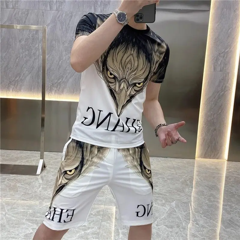 Men's Clothing Summer Short-sleeved T-shirt Shorts Two-piece Set Trendy Men's Hot Drilling Printed Handsome Casual suit