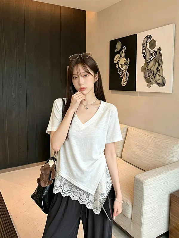 Summer Lace Splice V-neck Short Sleeve Women's T-shirt Slimming White Versatile Unique Design Casual Style Top for Ladies