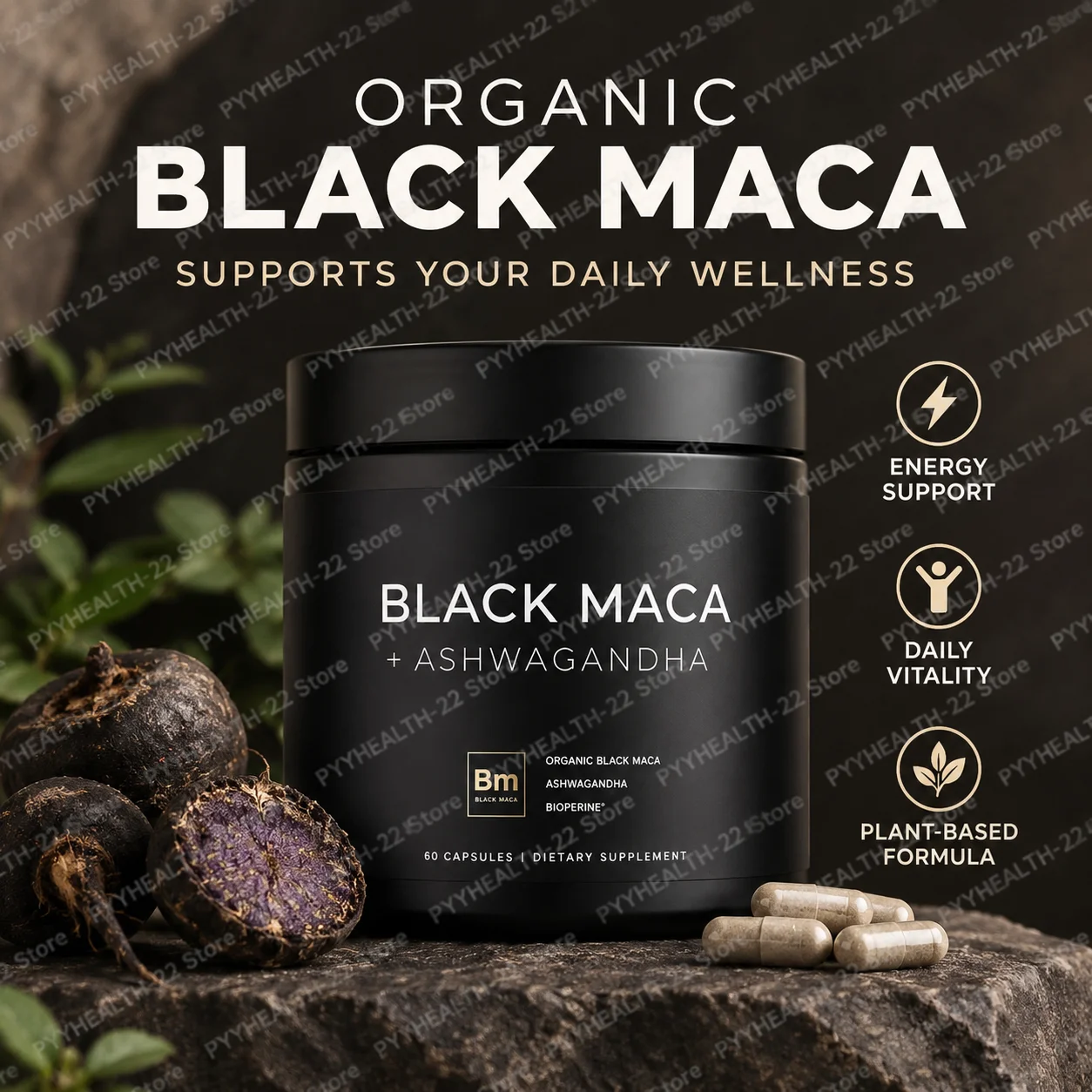 Organic Black Maca Root 40:1 Extract with Ashwagandha Root, Black Pepper Extract, 60 Capsules, Daily Wellness Supplement