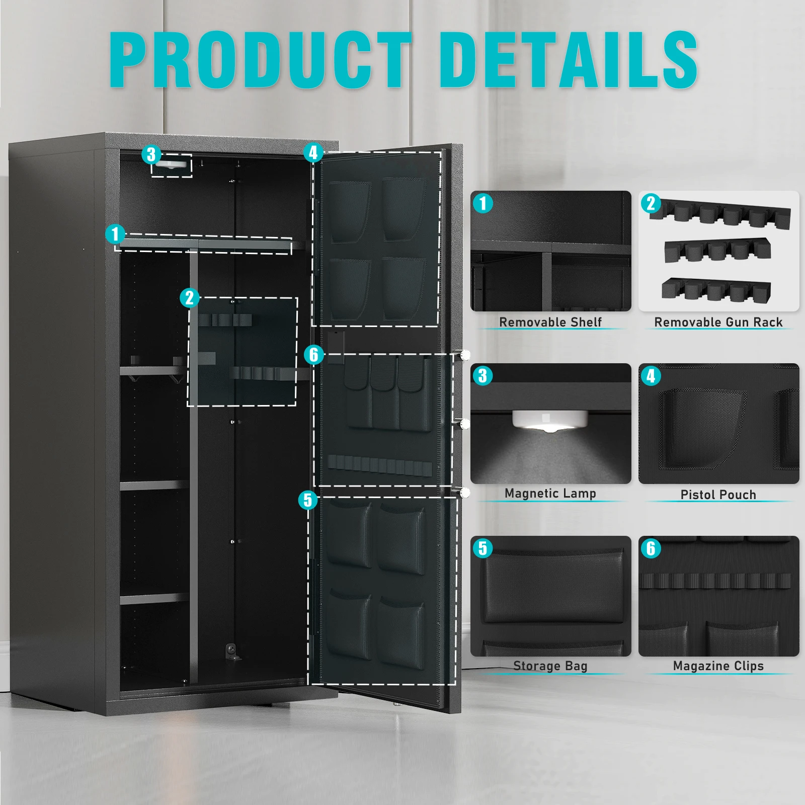 15-20 Large Fingerprint Gun Safe for Rifles and Pistols, Unassembled Gun Safe with Adjustable Shelf & Gun Rack