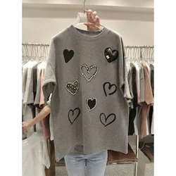 DAYIFUN-Women's O Neck T-shirts Loose Pullover Tops Casual Love Printed Diamonds Tees Plus Size Youth Fashion Summer New 2024