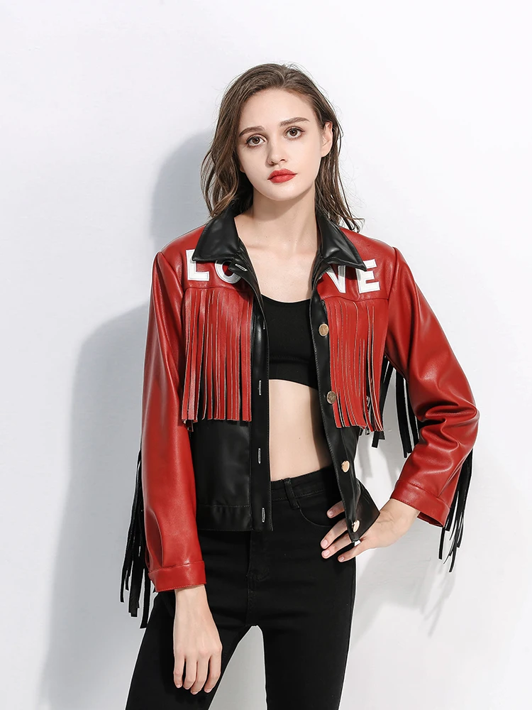 2023 Autumn Winter New pu leather jackets for women patchwork tassels moto biker leather jacket female slim short coats Y4673