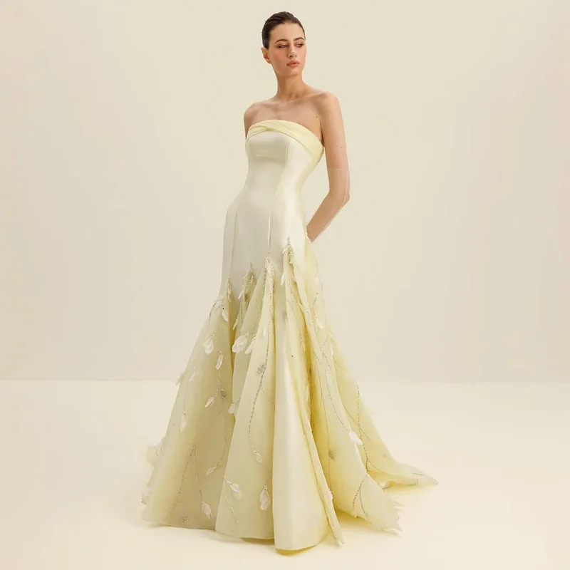 

Little Daisy CustomizedStrapless Light Yellow Beading Evening Dress with Feather A-Line for Women Wedding Formal Gown SF422 Cust