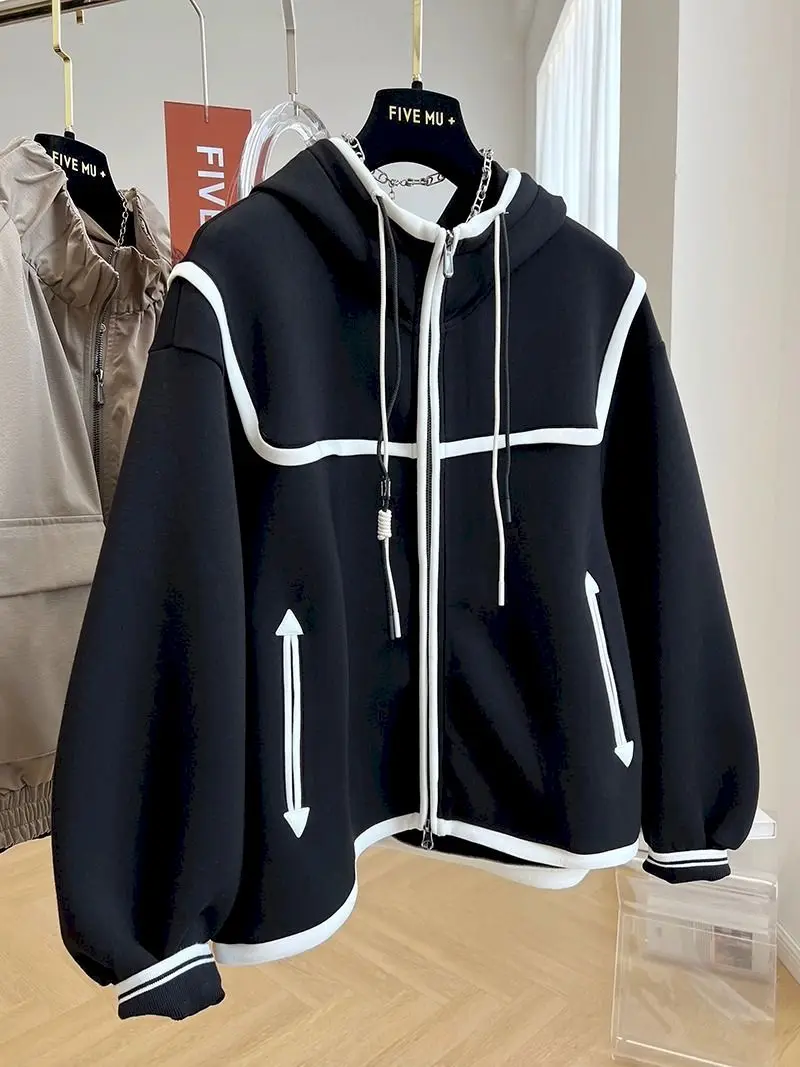 Oversized Hooded Jackets Women Fasshion Design Sense Niche Loose Hoodies Casual Black Hooded Coats Spring Autumn Zip Up Hoodie