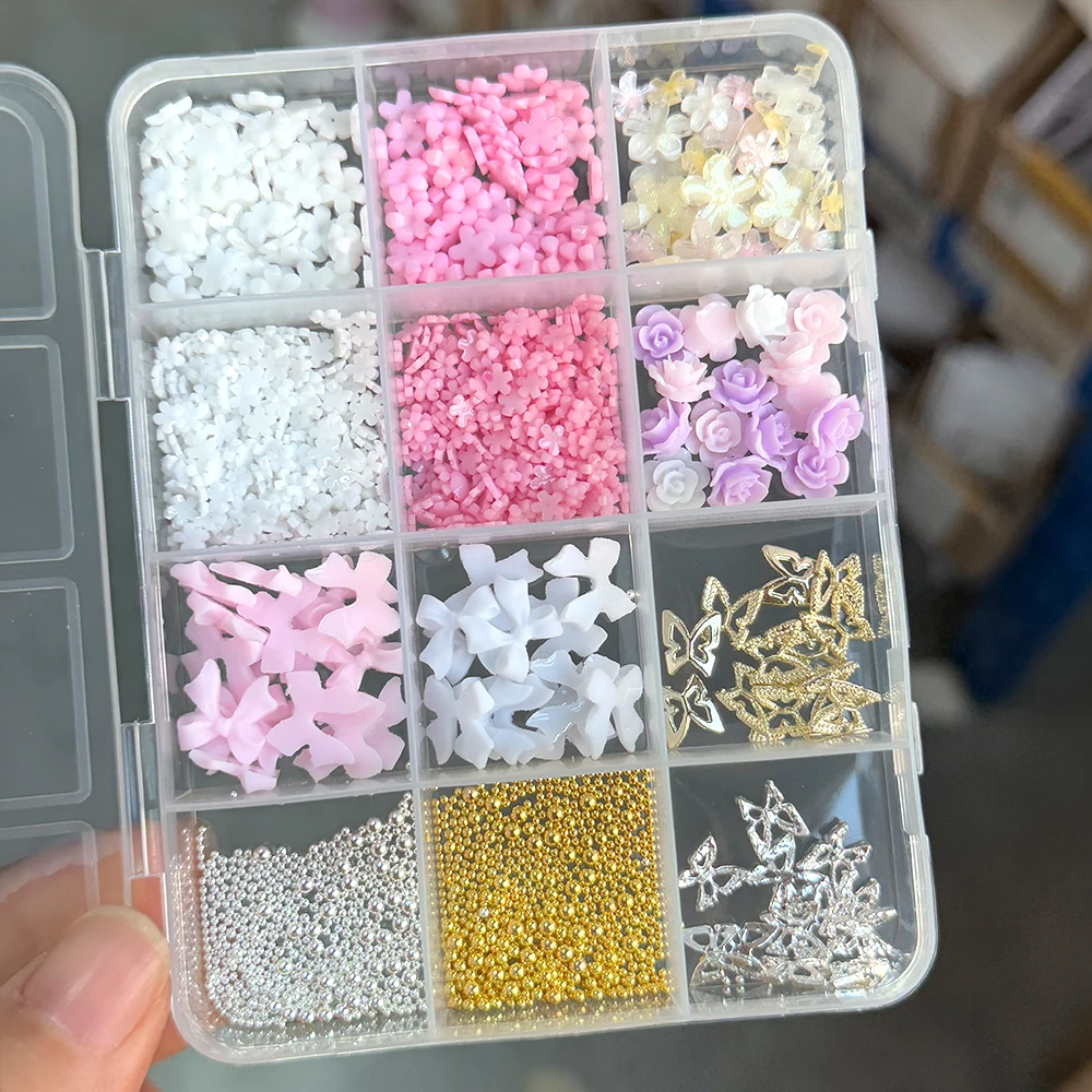 12칸 3D 혼합 오로라 리본 네일 아트 장식 플랫백 레진 리본 진주 하트 별 네일 참 DIY 공예 매니큐어 용품