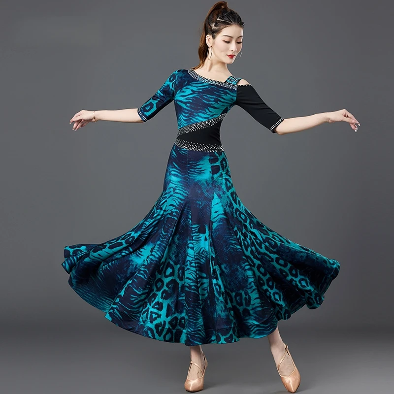 

Modern Dance Dress Purple Leopard Stage Costumes Fishbone Skirt Practice Dance Dress Green Leopard Waltz Ballroom Dance Dress