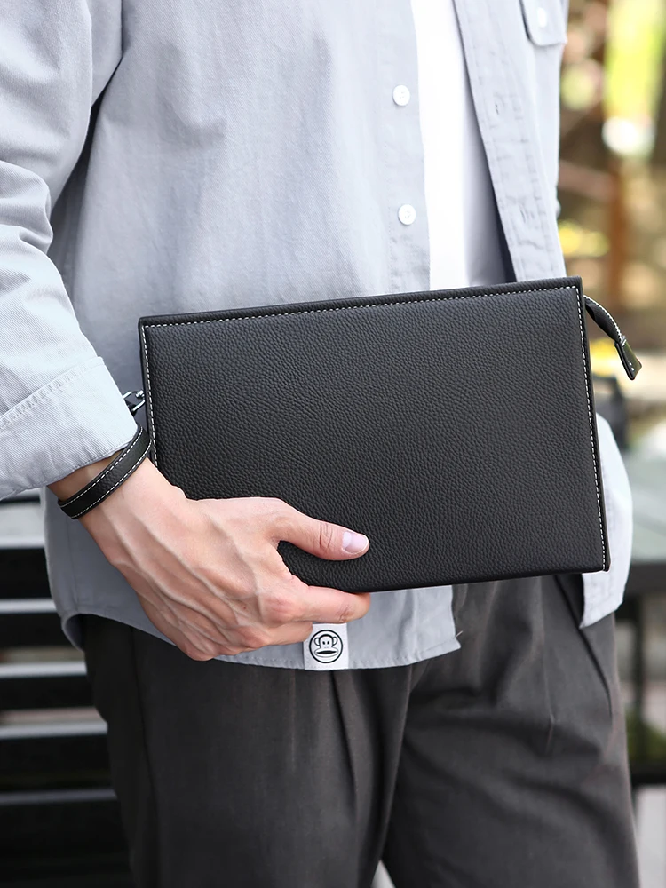 Gorchis Genuine Leather Handbag for Men Large Capaci Clutch Casual Sle Soft PU Material Zipper Closure Square ape