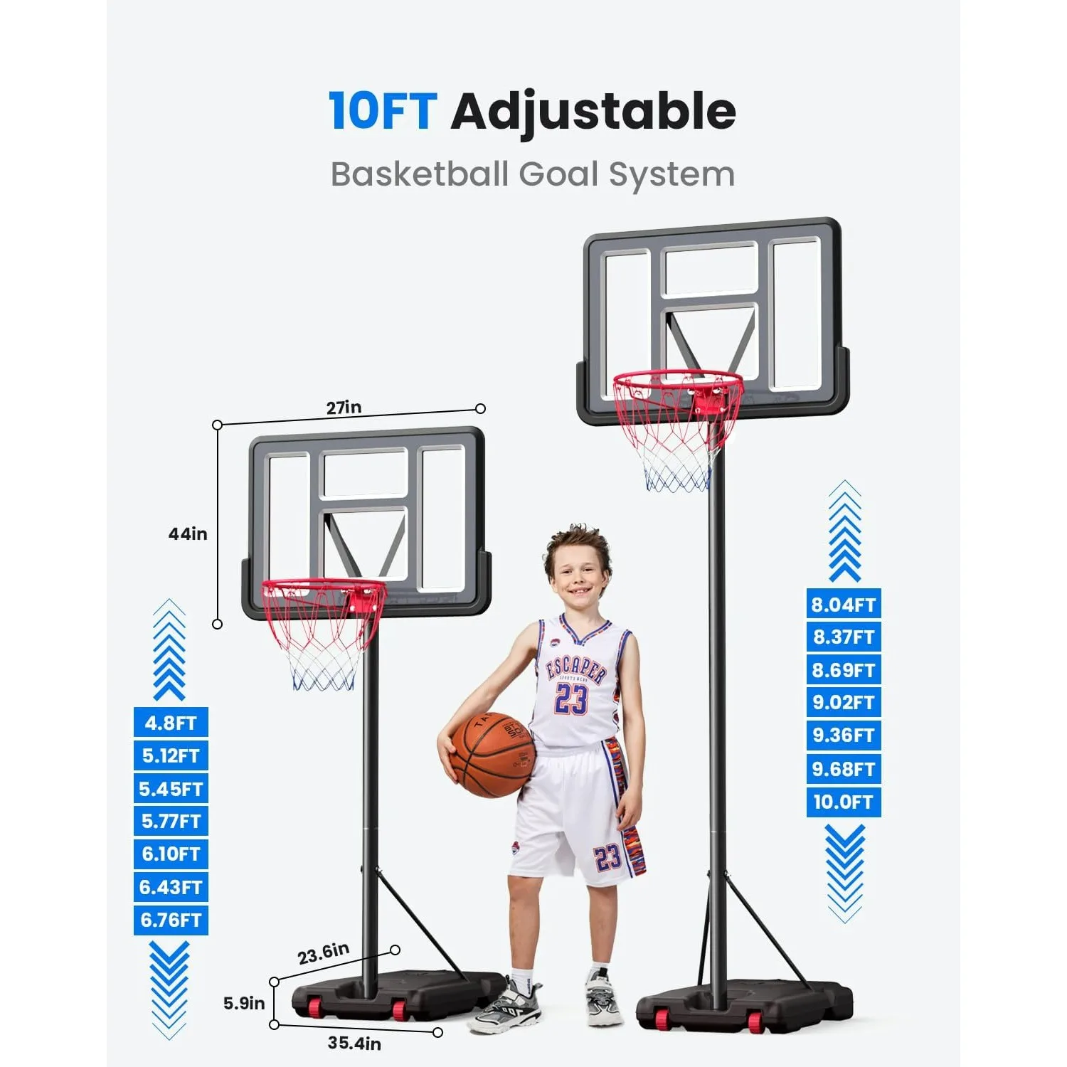 Portable Basketball Hoop, 5.6-10FT Adjustable Basketball Goal System, 44 Inch Outdoor Basketball Hoop & Goals