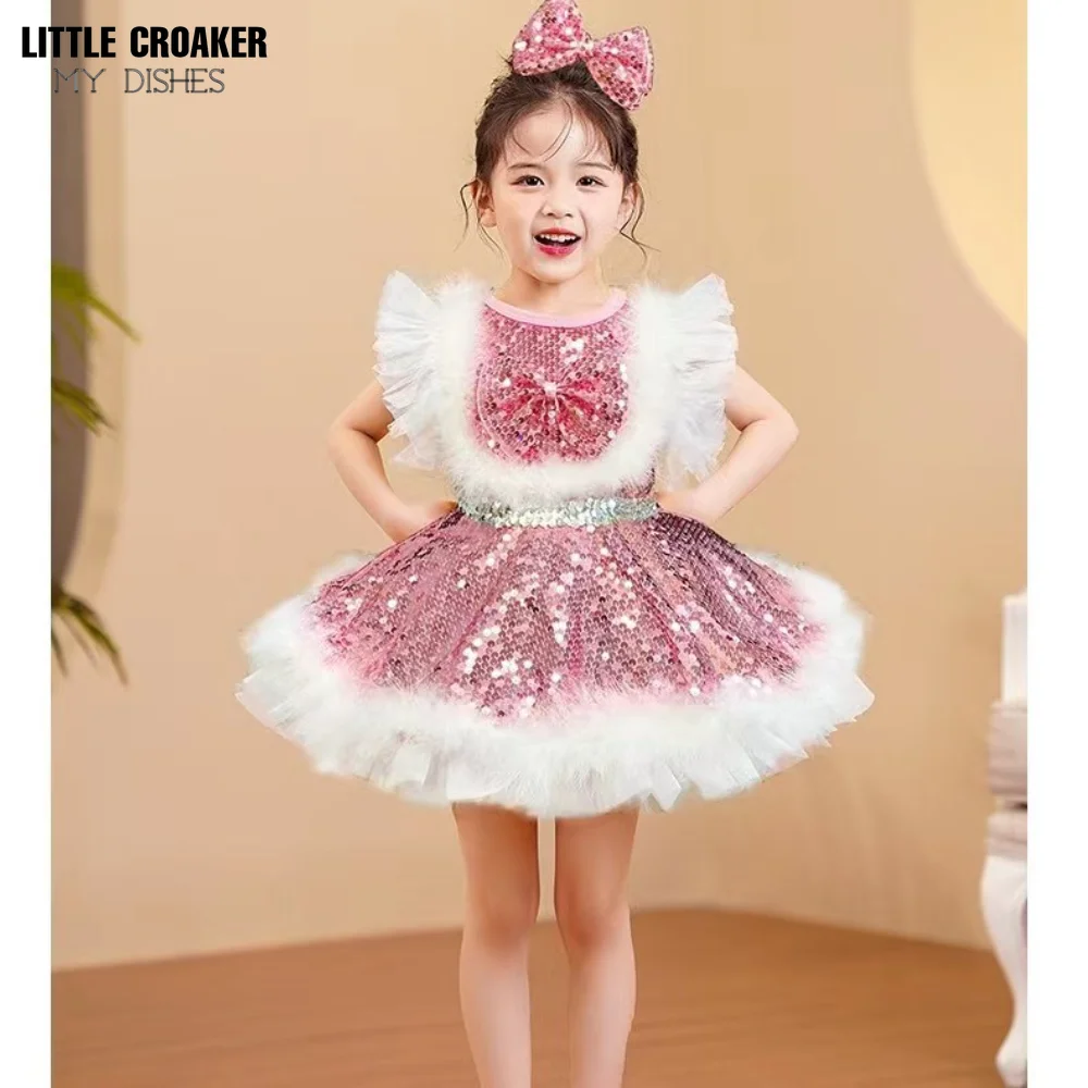 Girls Clothes for Feast Icing Ruffle Fluffy Sequin Party Wear Pink Sky Blue Yellow Peagent Dresses 3 4 6 8 10 Year Girls Kids