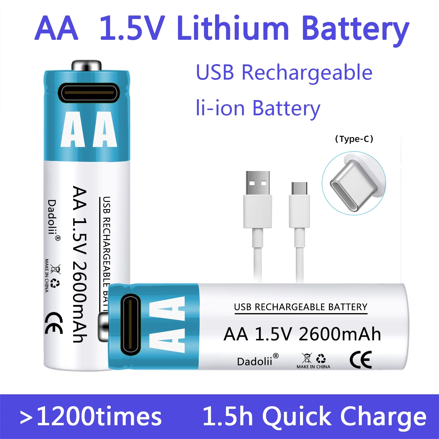 AA Battery 1.5V AA 2600mAh USB rechargeable li-ion battery for remote control mouse small fan Electric toy battery with Cable